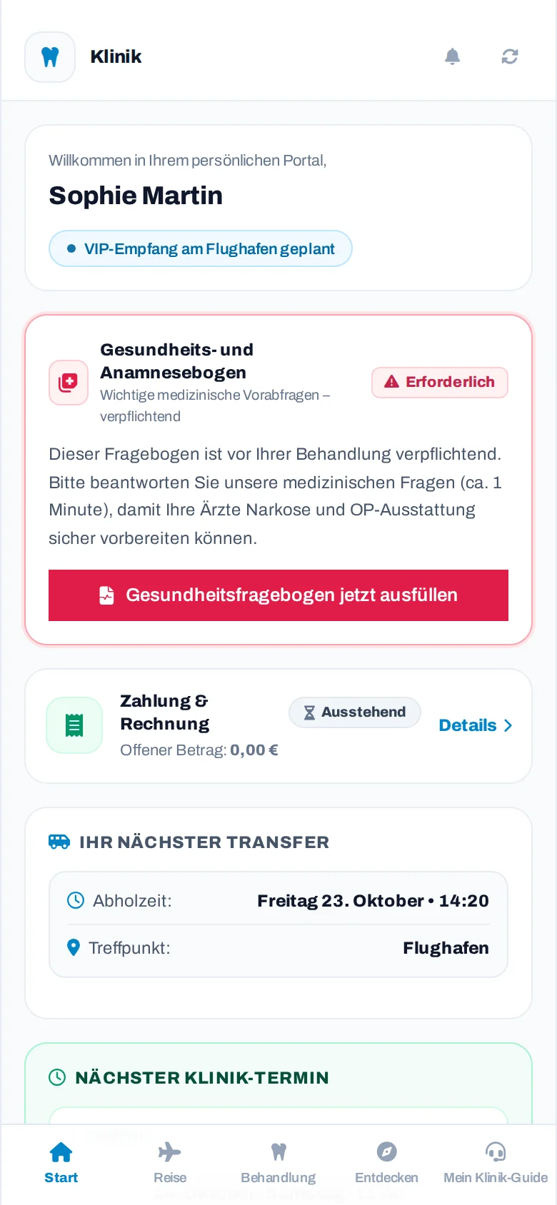 Startbildschirm des Patientenportals auf dem Handy (Demomodus)