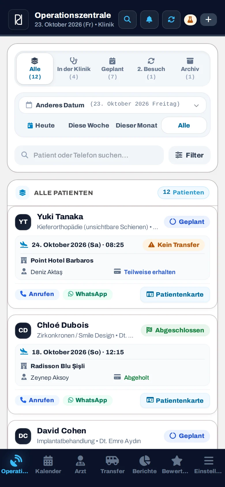 PatientPort Operationszentrale, Handyansicht (Demomodus)