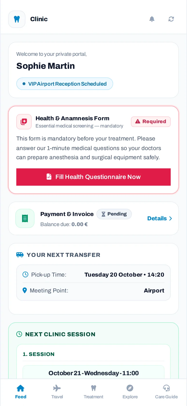 Patient portal home screen, on the phone (demo mode)