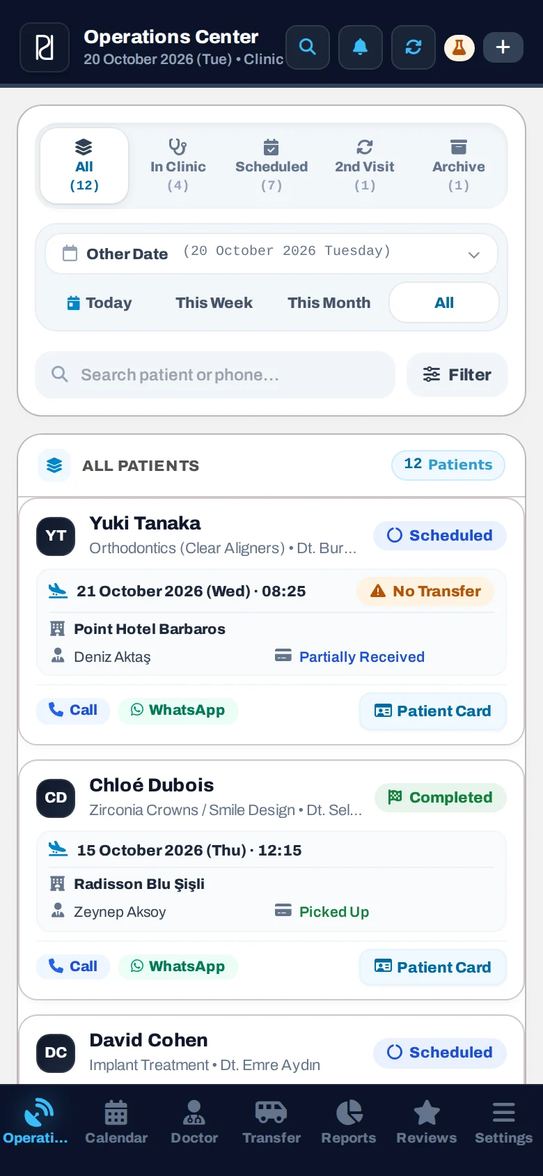 PatientPort Operations Center, phone view (demo mode)