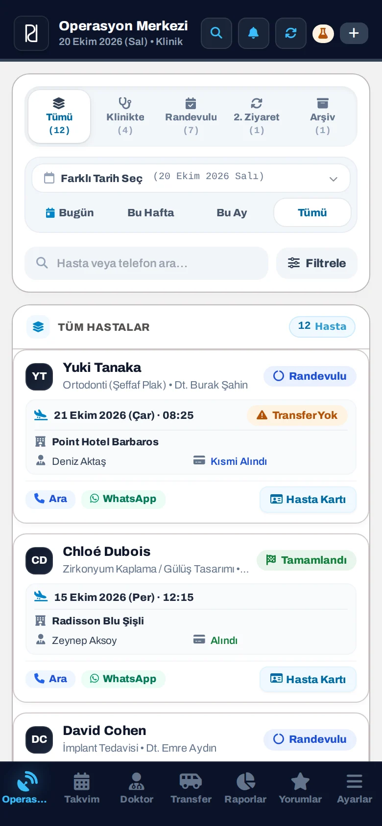 PatientPort Operasyon Merkezi, telefon görünümü (demo modu)